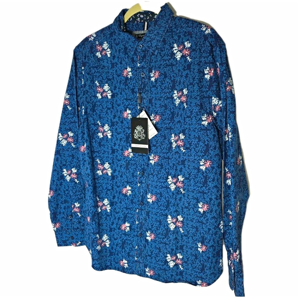 English Laundry Mens Classic Fit Blue Floral Long Sleeve Cotton Button Up Medium